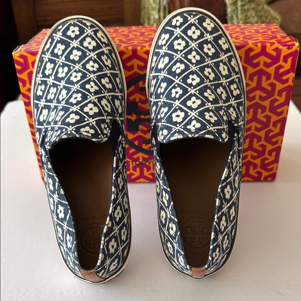Tory Burch Navy and White Floral Slip-On Sneakers